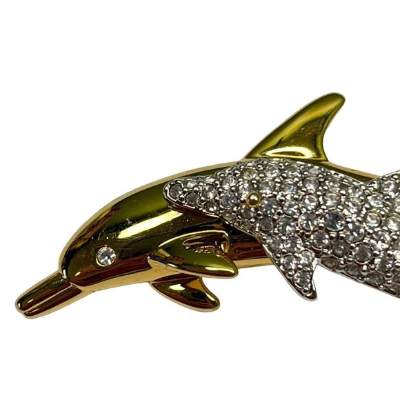 Swarovski Double Dolphin Brooch Gold Tone Crystal Rhinestones Beach Nautical - Picture 6 of 9